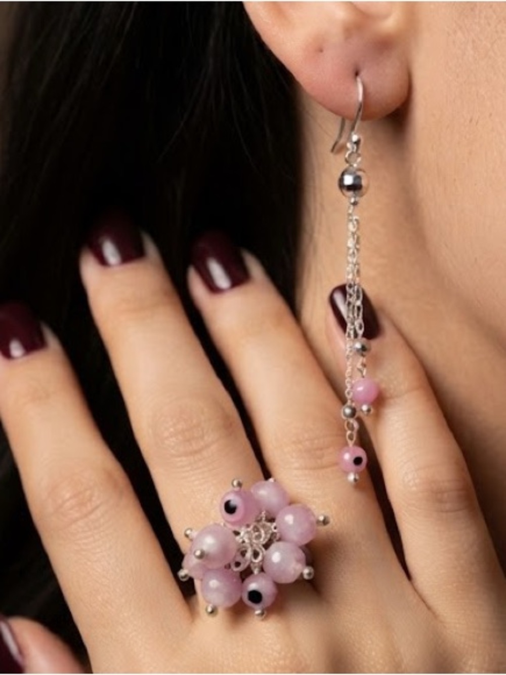 925 silver pink Bead evel eye  Earrings and Adjustable Cluster Rvel Eye Ring Set